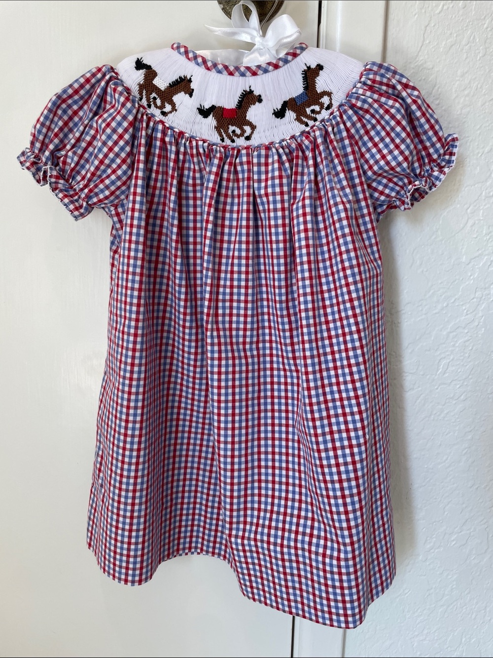 SMU Ponies Red and Blue Gingham Smocked Kids Dress